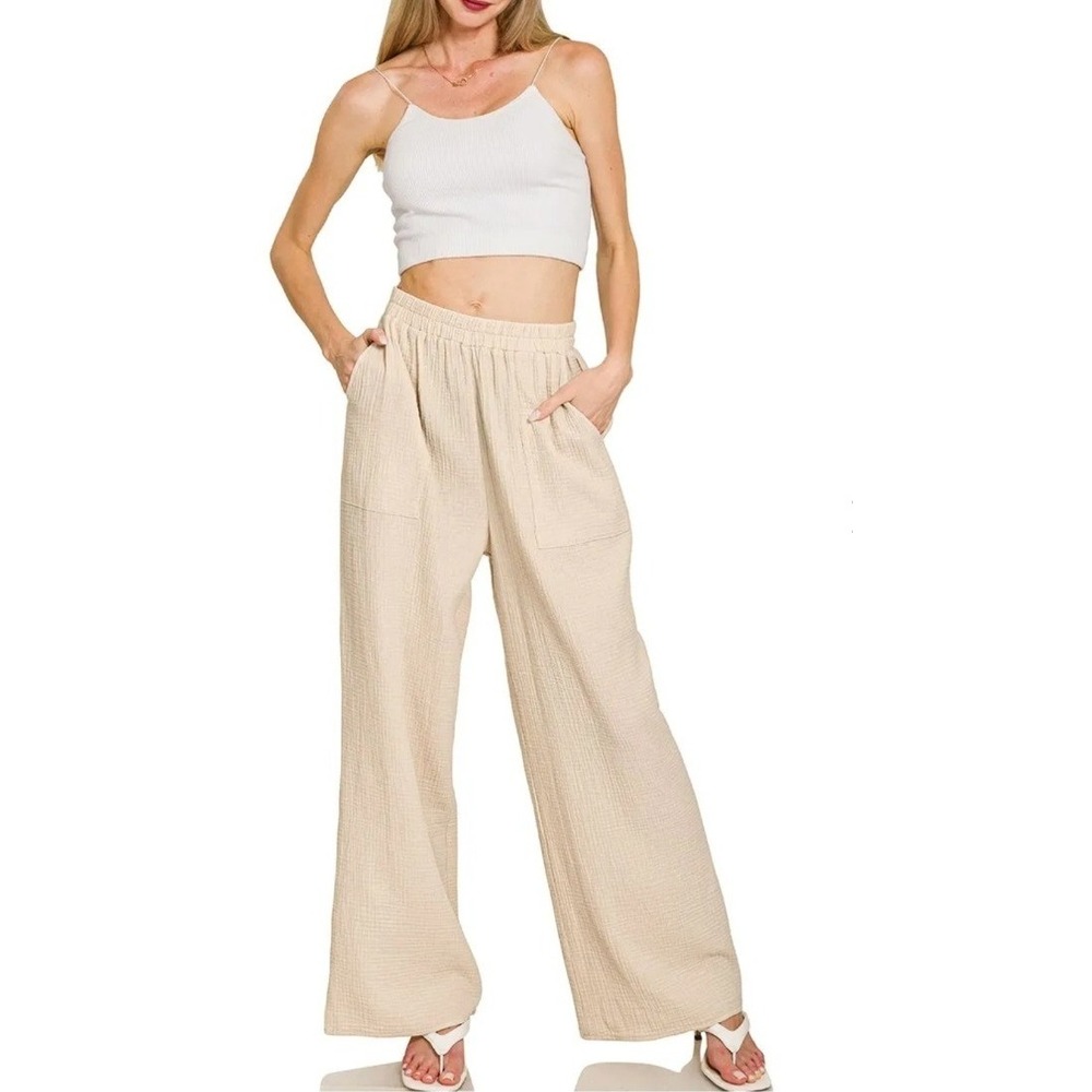 Zenana Double Gauze Elastic Band Pants Sand Beige Cotton Wide Leg Medium NEW